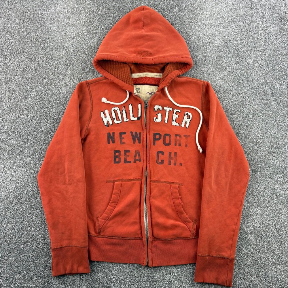 Y2K Hollister Hoodie Mens Small Orange Cotton Full Zip Distressed Newport Beach